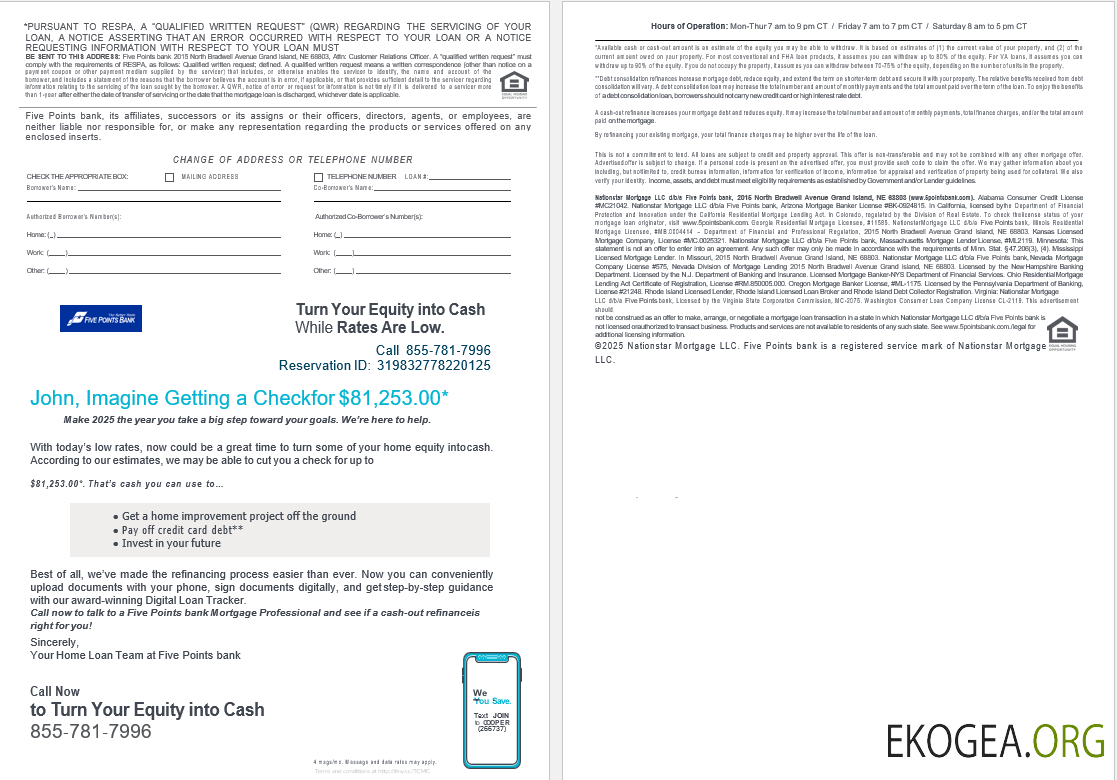 États , Unis Nebraska Five Points Bank Relevé de prêt hypothécaire aux formats Word et PDF, 4 pages 3, 4